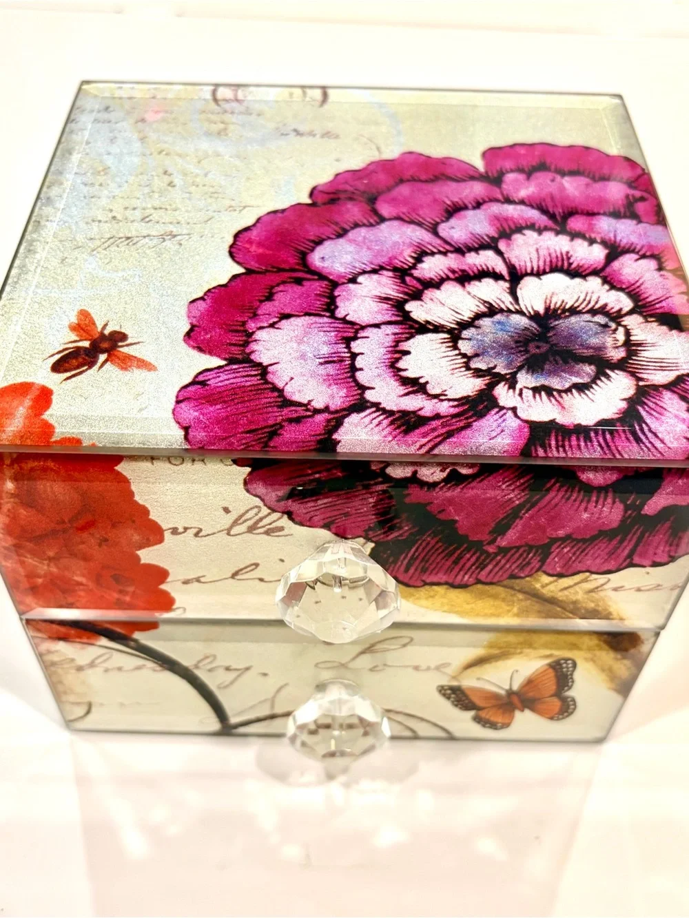 Decorative Floral Butterfly Two-Drawer Jewelry Box - Pink & Orange 6 x 4.5”